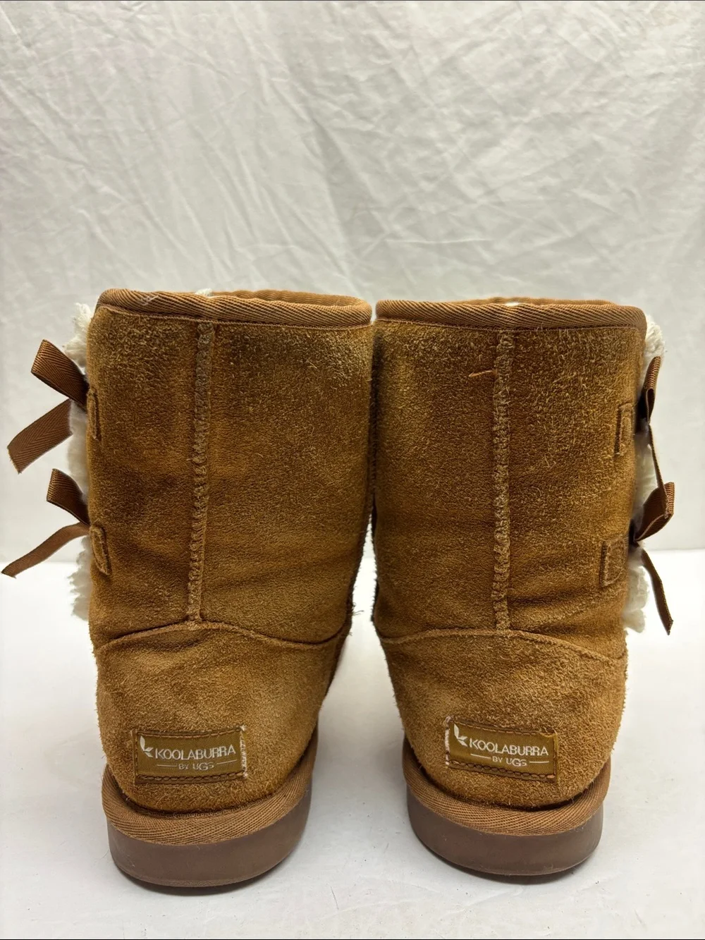 Koolaburra Chestnut Suede Ankle Booties with Side Bows, SZ 5 big girl, box 64